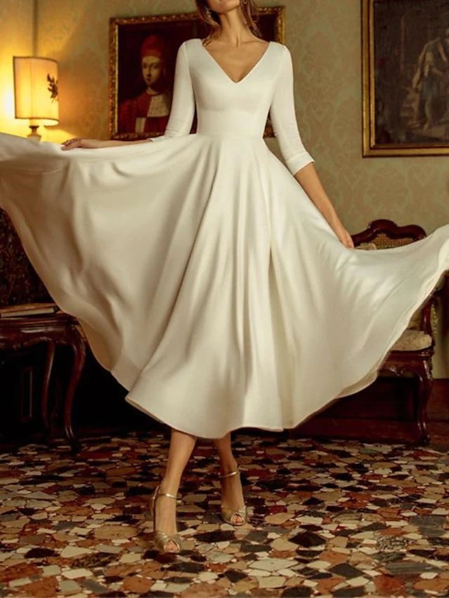 A-Line Wedding Dresses V Neck Tea Length Satin 3/4 Length Sleeve Simple Vintage Little White Dress 1950s with Pleats