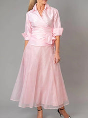 Two Piece A-Line Mother of the Bride Dress Elegant V Neck Floor Length Organza Taffeta Half Sleeve with Ruching