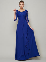 A-Line/Princess Scoop 3/4 Sleeves Lace Long Chiffon Mother of the Bride Dresses