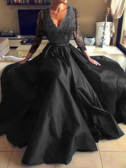 A-Line Luxurious Elegant Party Wear Formal Evening Dress V Neck Long Sleeve Floor Length Tulle with Pleats Appliques