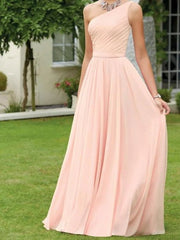 A-Line One Shoulder Floor Length Chiffon Bridesmaid Dress with Pleats