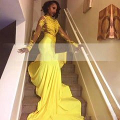 Yellow Robe De Soiree Mermaid Long Sleeves Appliques Sexy Long Women Party Prom Dresses Prom Gown Evening Dresses