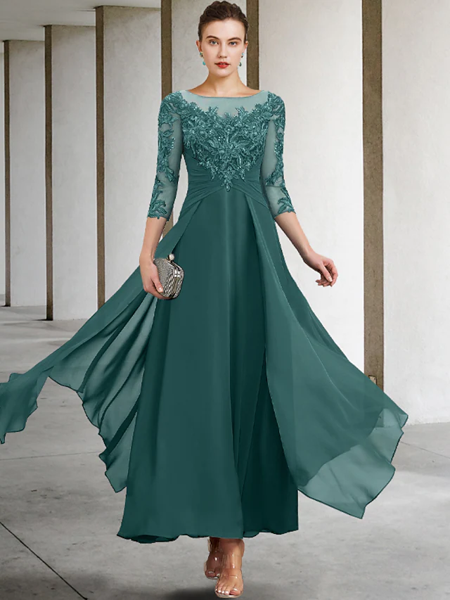 A-Line Mother of the Bride Dress Wedding Guest Plus Size Elegant Jewel Neck Ankle Length Chiffon Lace