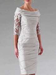 Sheath / Column Mother of the Bride Dress Elegant Off Shoulder Knee Length Taffeta Half Sleeve with Appliques Ruching