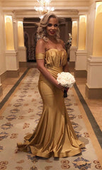 Long Gold Satin Off Shoulder Mermaid Bridesmaid Dresses