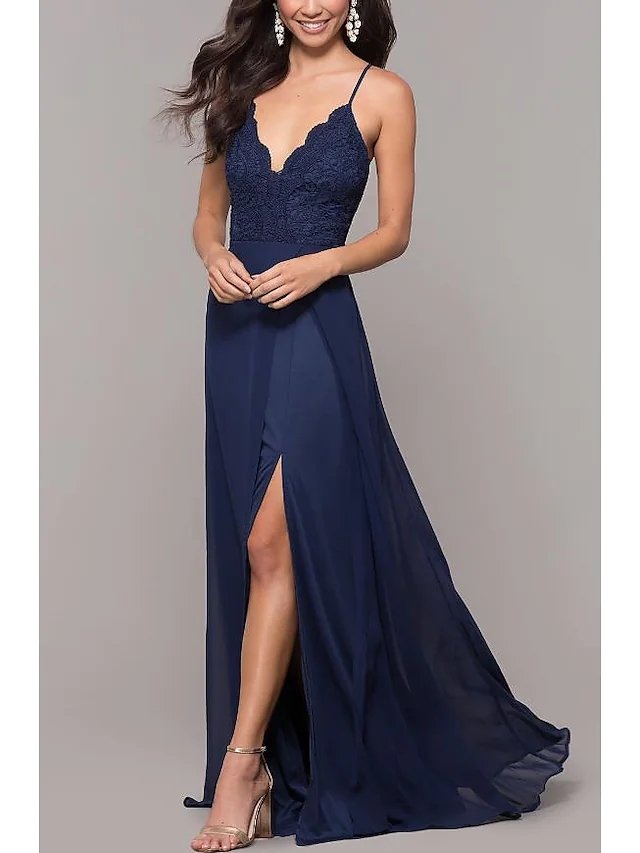 A-Line Elegant Prom Dress Spaghetti Strap Sleeveless Sweep / Brush Train Chiffon with Lace Insert Split Front