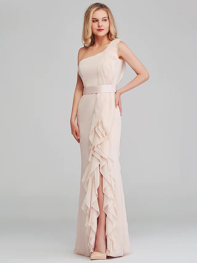 Sheath / Column One Shoulder Long Length Chiffon Bridesmaid Dress with Cascading Ruffles