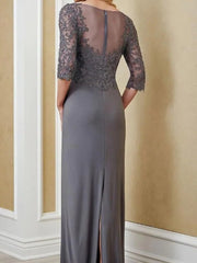 Sheath / Column Mother of the Bride Dress Elegant V Neck Floor Length Chiffon Lace 3/4 Length Sleeve with Embroidery