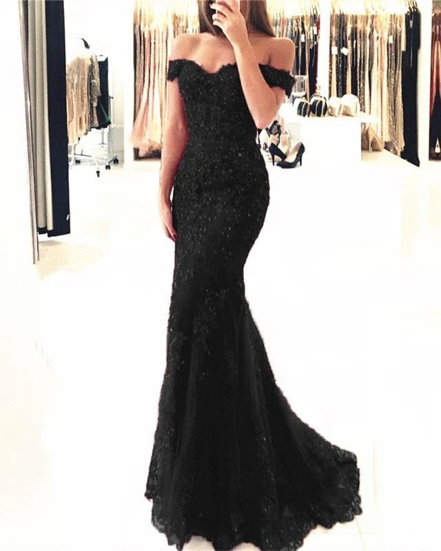 Black Lace Mermaid Prom Dresses Off The Shoulder
