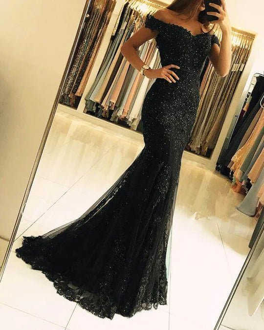 Black Lace Mermaid Prom Dresses Off The Shoulder