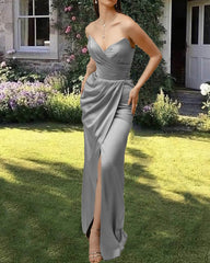 Silver Satin Sleeveless Split Dress
