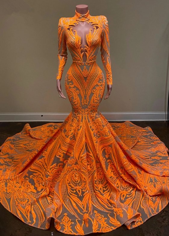 Orange Robe De Soiree Mermaid Long Sleeves Appliques Sequins Long Prom Dresses Prom Gown Evening Dresses