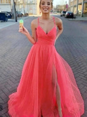 A-Line/Princess Sleeveless Tulle V-neck Ruched Sweep/Brush Train Dresses