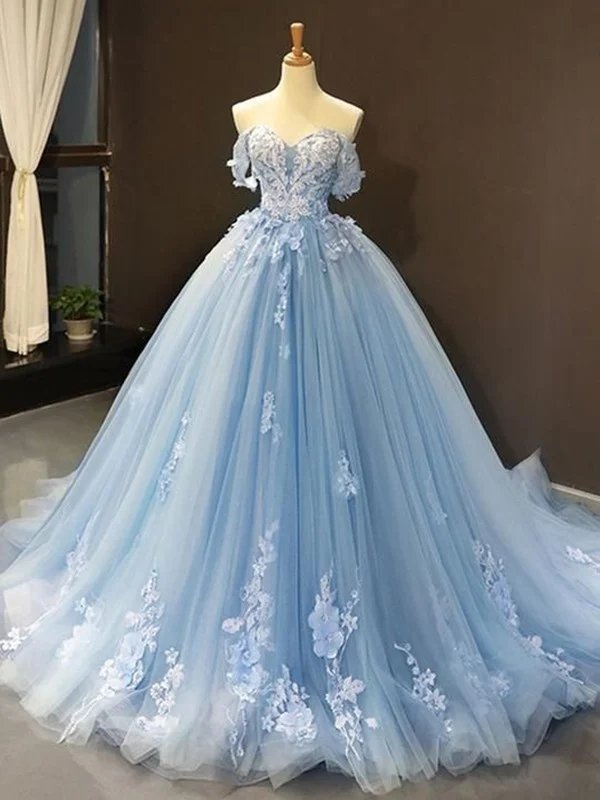 Ball Gown Tulle Off-the-Shoulder Sleeveless Applique Sweep/Brush Train Dresses