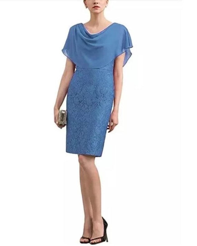 Blue Mother Of The Bride Dresses Sheath Chiffon Lace Knee Length Plus Size Groom Short Mother Dresses For Wedding