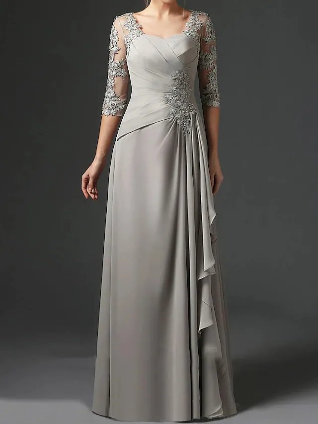 Sheath / Column Mother of the Bride Dress Elegant Square Neck Floor Length Chiffon Lace Half Sleeve with Ruching