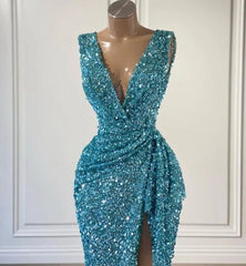 Blue Robe De Soiree Mermaid Deep V-neck Sequins Sparkle Slit Sexy Long Prom Dresses Prom Gown Evening Dresses