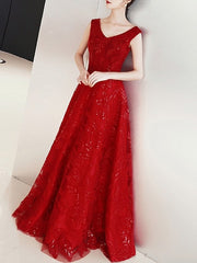 A-Line Elegant Floral Engagement Prom Dress V Neck Sleeveless Floor Length Lace Tulle with Appliques
