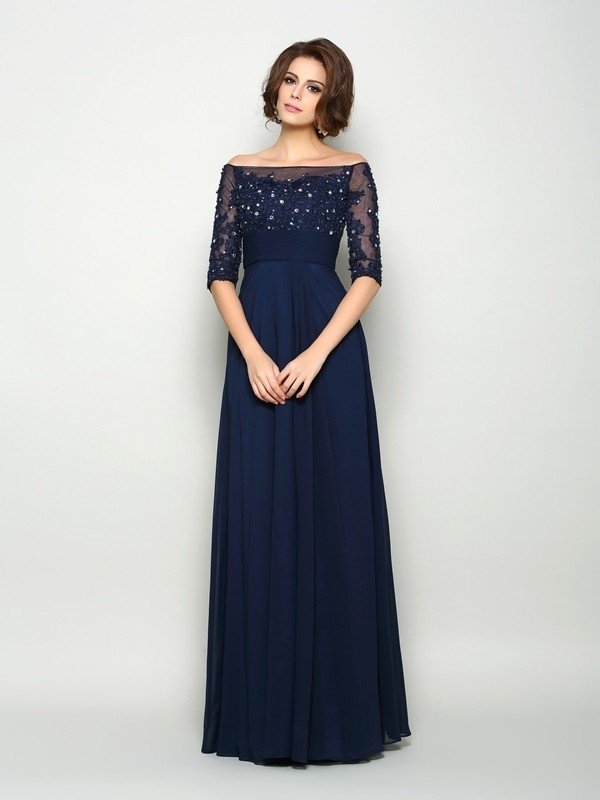 A-Line/Princess Off-the-Shoulder Beading 1/2 Sleeves Long Chiffon Mother of the Bride Dresses