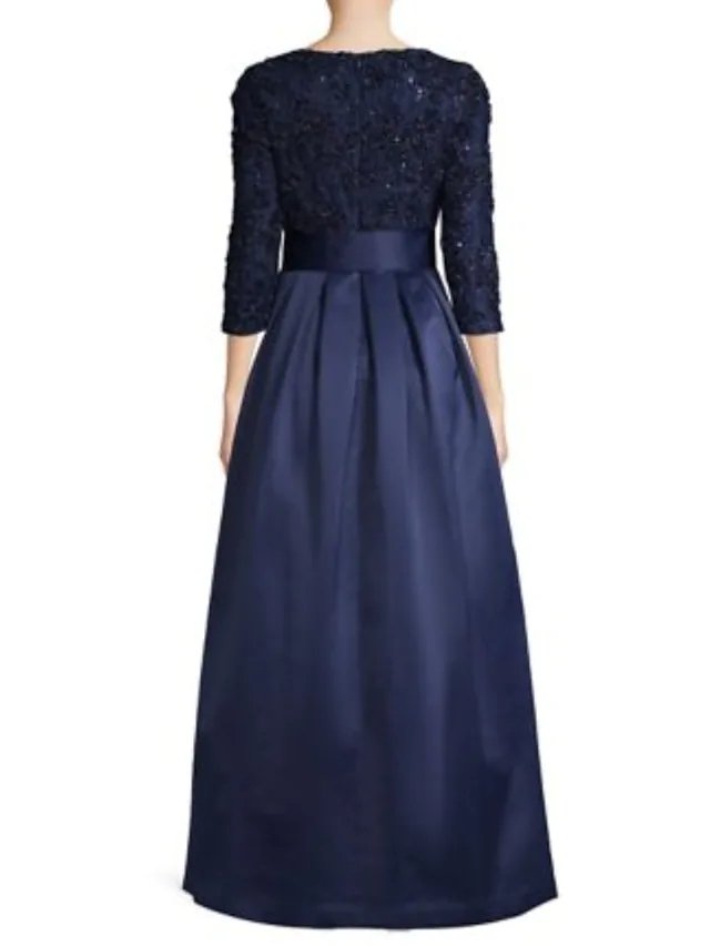 A-Line Mother of the Bride Dress Elegant Jewel Neck Floor Length Polyester 3/4 Length Sleeve with Ruching