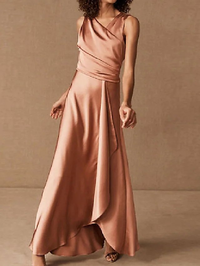 A-Line Minimalist Elegant Prom Formal Evening Dress V Neck Sleeveless Asymmetrical Charmeuse with Ruched