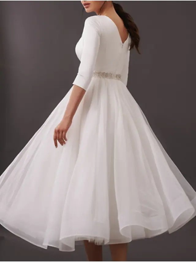 A-Line Wedding Dresses Jewel Neck Tea Length Satin Tulle Half Sleeve Simple Vintage Little White Dress