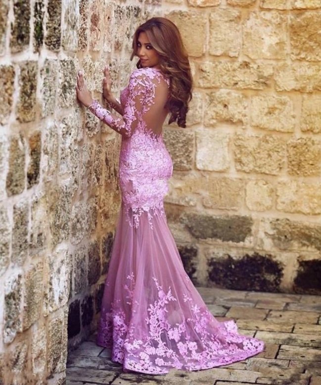 Pink Muslim Evening Dresses Mermaid Long Sleeves Tulle Appliques Lace Islamic Dubai Saudi Arabic Long Formal Evening Gown