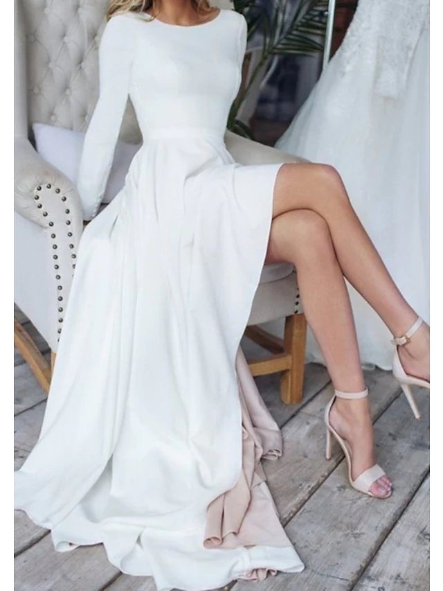 A-Line Minimalist Elegant Engagement Formal Evening Dress Jewel Neck Long Sleeve Floor Length Italy Satin with Pleats