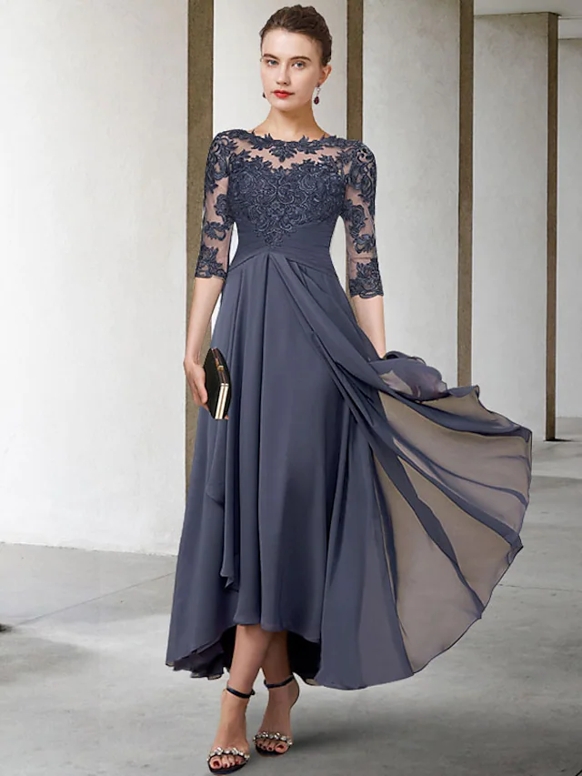 A-Line Mother of the Bride Dress Plus Size Elegant High Low Jewel Neck Asymmetrical Tea Length Chiffon Lace