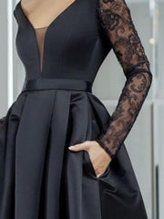A-Line Minimalist Sexy Wedding Guest Formal Evening Dress V Neck Long Sleeve Asymmetrical Lace Satin with Pleats Lace Insert