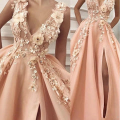 Peach Robe De Soiree Ball Gown V-neck Tulle Flowers Beaded Slit Sexy Long Party Prom Dresses Prom Gown Evening Dresses