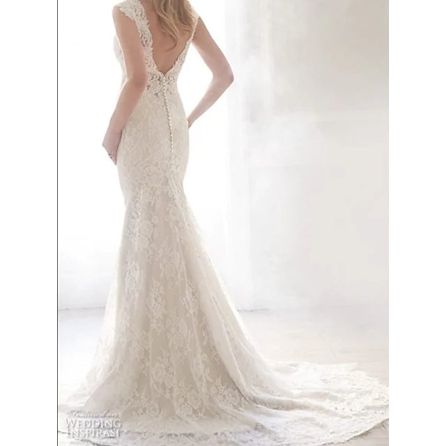 Sheath / Column Wedding Dresses V Neck Sweep / Brush Train Lace Sleeveless Romantic with Appliques
