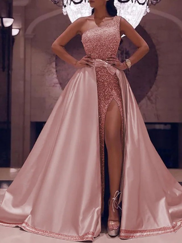 Sparkle Prom Dress One Shoulder Sleeveless Floor Length Satin with Bow(s) Sequin Split