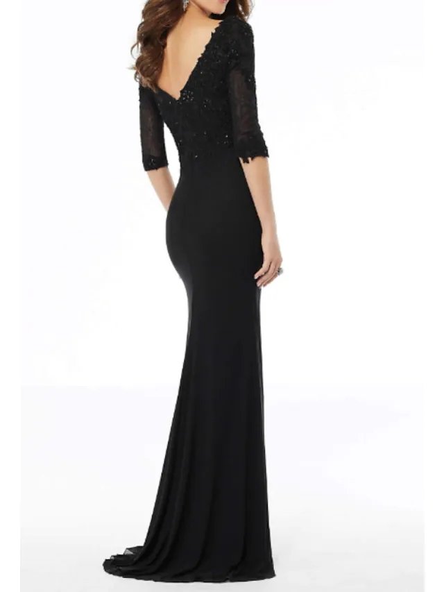 Sheath / Column Mother of the Bride Dress Elegant V Neck Floor Length Chiffon Half Sleeve with Embroidery Appliques