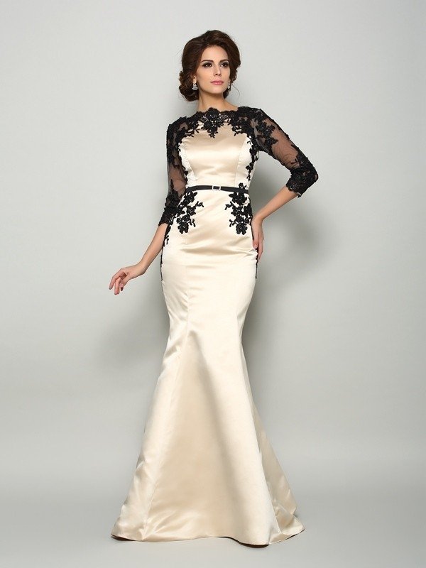 Trumpet/Mermaid Bateau Lace 1/2 Sleeves Long Satin Mother of the Bride Dresses
