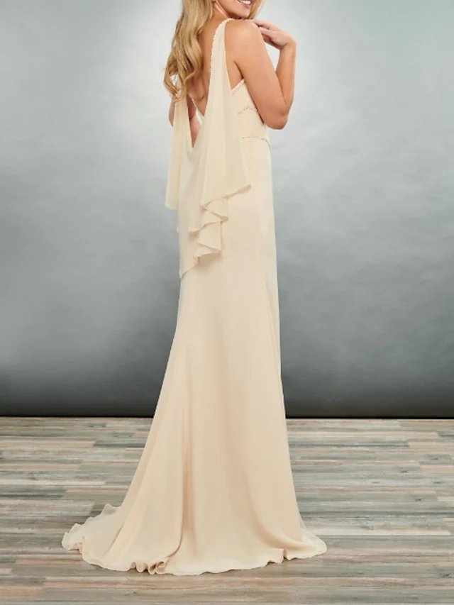 Sheath / Column Mother of the Bride Dress Elegant V Neck Floor Length Chiffon Sleeveless with Tier Ruching