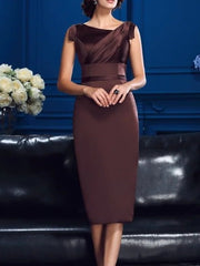 A-Line Mother of the Bride Dress Elegant Cowl Neck Tea Length Satin Sleeveless with Draping
