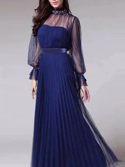 A-Line Mother of the Bride Dress Elegant See Through High Neck Floor Length Tulle Long Sleeve with Sash / Ribbon Pleats