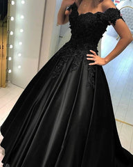 Lace Flower Off The Shoulder Satin Prom Dresses Ball Gowns