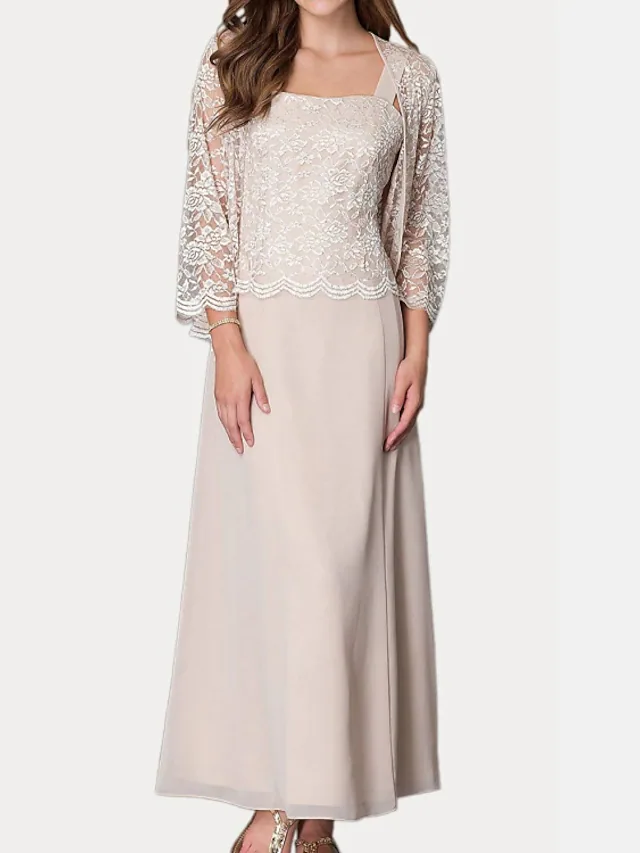 Two Piece Sheath / Column Mother of the Bride Dress Elegant Square Neck Floor Length Chiffon Lace 3/4 Length Sleeve with Embroidery
