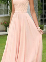 A-Line One Shoulder Floor Length Chiffon Bridesmaid Dress with Pleats