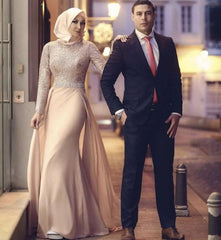 Elegant Muslim Evening Dresses Mermaid Long Sleeves Chiffon Lace Beaded Islamic Dubai Saudi Arabic Long Formal Evening Gown