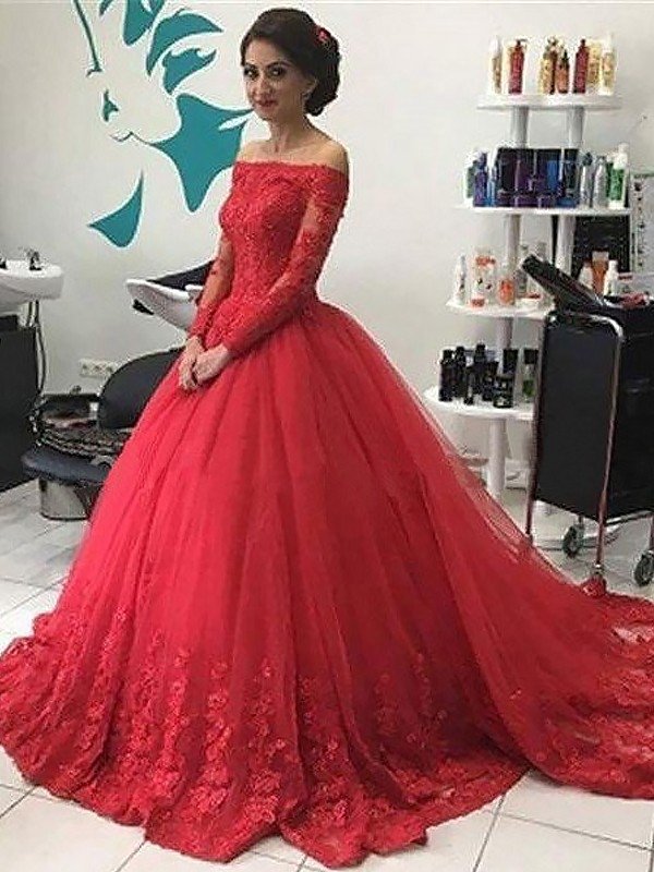 Ball Gown Off-the-Shoulder Long Sleeves Lace Tulle Court Train Dresses