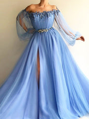 A-Line/Princess Long Sleeves Off-the-Shoulder Tulle Beading Floor-Length Dresses