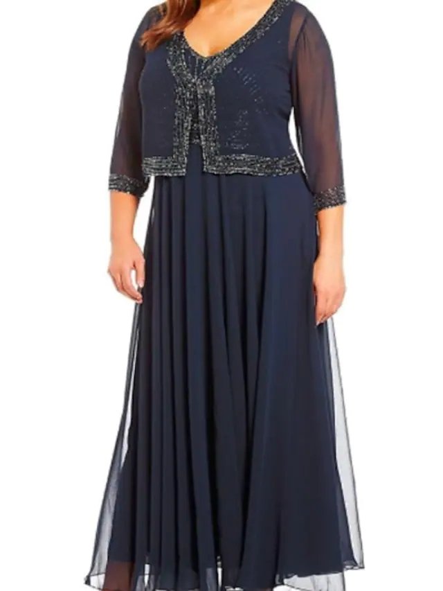 A-Line Mother of the Bride Dress Wrap Included V Neck Ankle Length Chiffon 3/4 Length Sleeve with Beading