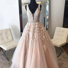 Blush Robe De Soiree A-line V-neck Tulle Appliques Lace Beaded Elegant Long Prom Dresses Prom Gown Evening Dresses