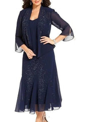 Sheath / Column Mother of the Bride Dress Sexy Bateau Neck Ankle Length Chiffon Long Sleeve with Lace