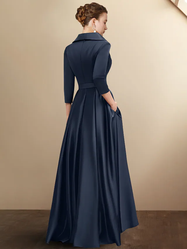 A-Line Mother of the Bride Dress Plus Size Elegant High Low Shirt Collar Asymmetrical Floor Length Satin