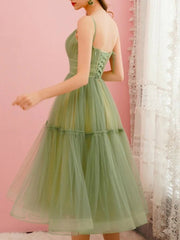 A-Line Spring Cocktail Party Prom Dress Spaghetti Strap Sleeveless Tea Length Satin Tulle with Pleats Ruched
