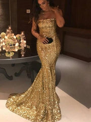 Mermaid / Trumpet Glittering Sexy Engagement Formal Evening Valentine's Day Dress Off Shoulder Sleeveless Sweep / Brush Train Sequined with Sequin